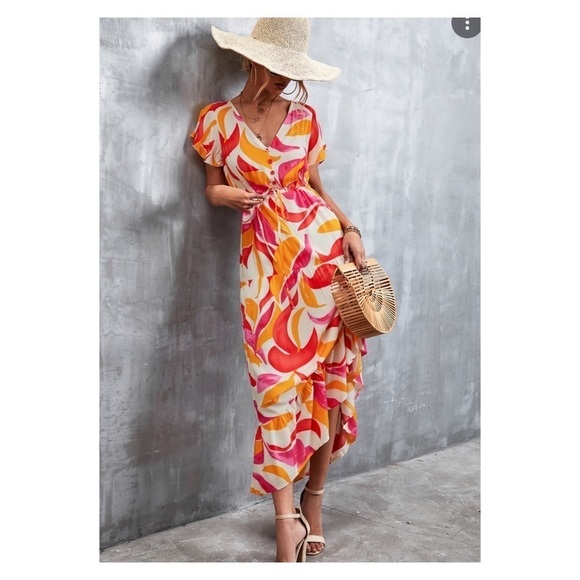 NWT ABEL THE LABEL Anthro Swish Multicolor Flutter Sleeve Maxi Dress XS Blogger - Picture 2 of 7